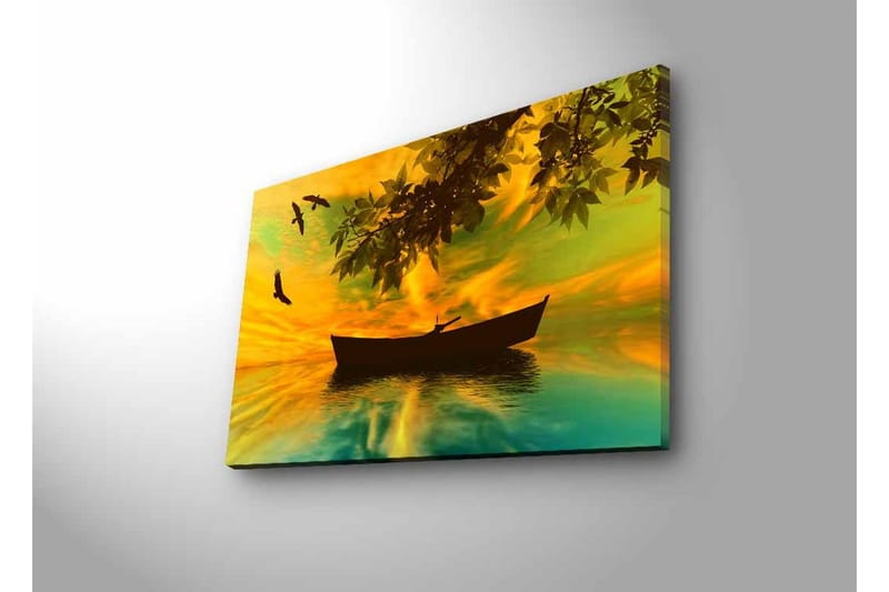 Lærredsbillede med LED-belysning - Silhuet af en båd på spejlblankt vand med en farverig solnedgang - Gul / Grøn / Sort - Boligtilbehør - Billeder & kunst - Billeder på lærred