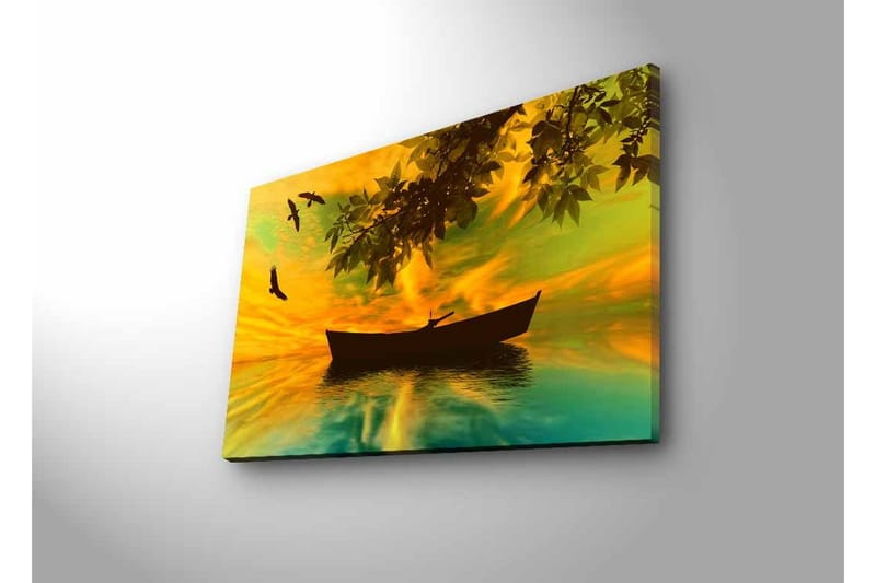 Lærredsbillede med LED-belysning - Silhuet af en båd på spejlblankt vand med en farverig solnedgang - Gul / Grøn / Sort - Boligtilbehør - Billeder & kunst - Billeder på lærred