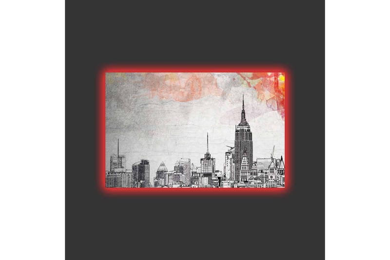 Lærredsbillede med LED-belysning - Silhuet af en by med ikoniske bygninger i sort-hvid - Sort / Grå / Lys pink - Boligtilbehør - Billeder & kunst - Billeder på lærred