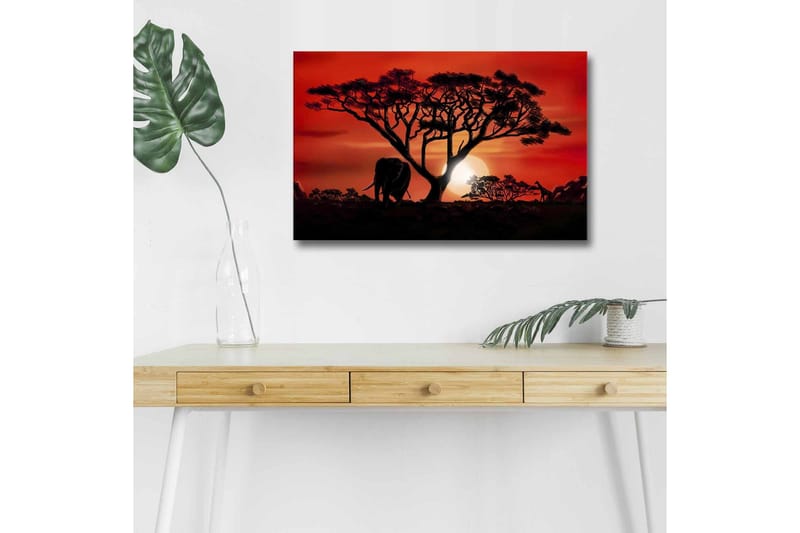 Lærredsbillede med LED-belysning - Silhuet af et træ med en elefant i solnedgangens lys, Rød / Sort / Orange