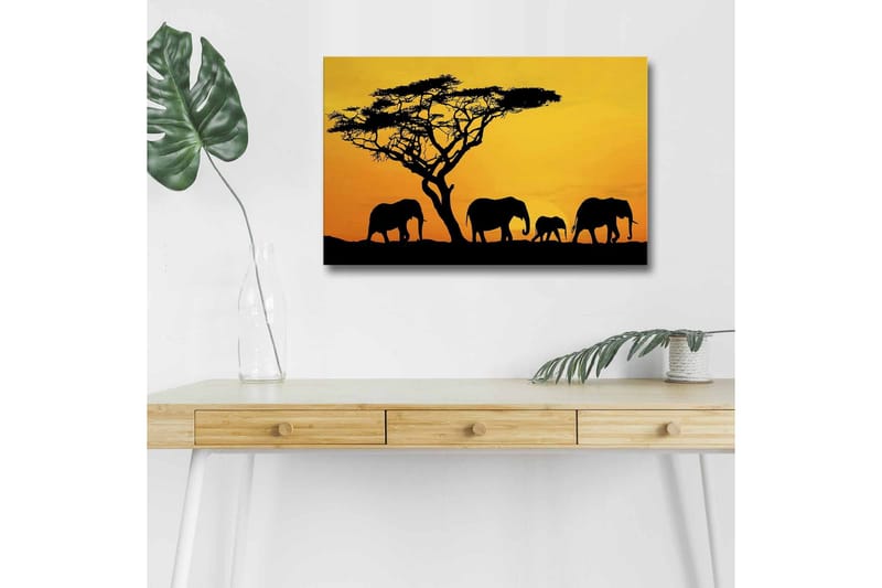 Lærredsbillede med LED-belysning - Silhuetter af elefanter under en solnedgang med et træ i baggrunden, Sort / Orange / Gul