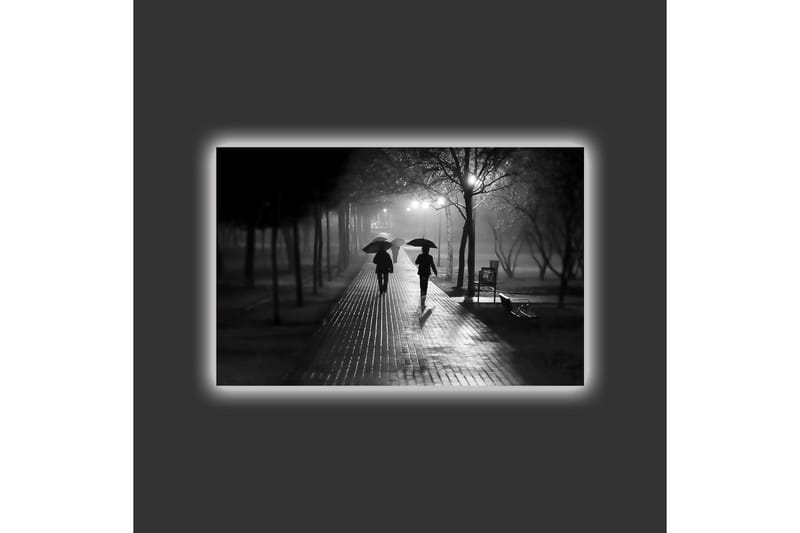 Lærredsbillede med LED-belysning - Silhuetter af to personer med paraplyer på en regnfuld gade - Sort / Grå - Boligtilbehør - Billeder & kunst - Billeder på lærred