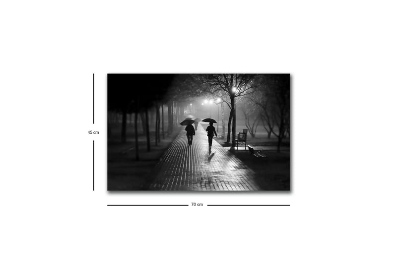 Lærredsbillede med LED-belysning - Silhuetter af to personer med paraplyer på en regnfuld gade - Sort / Grå - Boligtilbehør - Billeder & kunst - Billeder på lærred