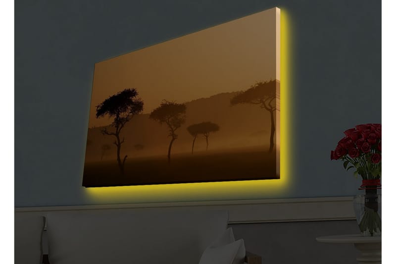 Lærredsbillede med LED-belysning - Silhuetter af træer i et tåget, gyldent landskab - Guld / Sort - Boligtilbehør - Billeder & kunst - Billeder på lærred