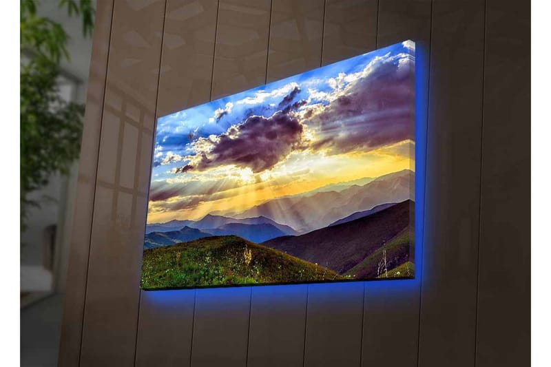 Lærredsbillede med LED-belysning - Smuk solnedgang over bjerge og dale - Blå / Orange / Grøn - Boligtilbehør - Billeder & kunst - Billeder på lærred