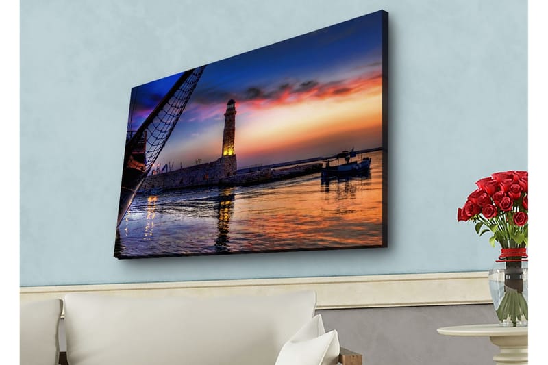 Lærredsbillede med LED-belysning - Smuk solnedgang over en havn med et fyrtårn og både - Mørkeblå / Orange / Lilla - Boligtilbehør - Billeder & kunst - Billeder på lærred
