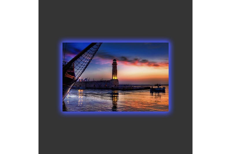 Lærredsbillede med LED-belysning - Smuk solnedgang over en havn med et fyrtårn og både - Mørkeblå / Orange / Lilla - Boligtilbehør - Billeder & kunst - Billeder på lærred