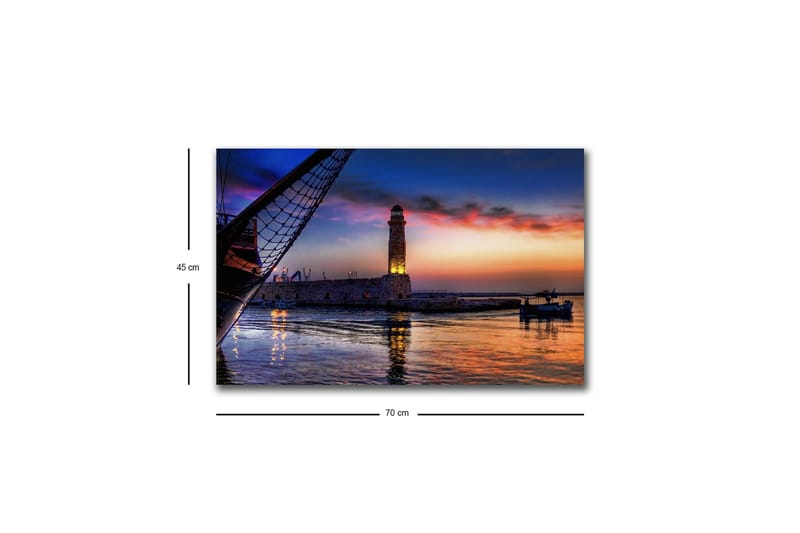 Lærredsbillede med LED-belysning - Smuk solnedgang over en havn med et fyrtårn og både - Mørkeblå / Orange / Lilla - Boligtilbehør - Billeder & kunst - Billeder på lærred