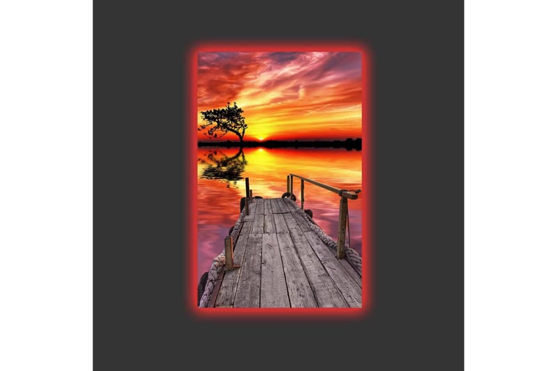 Lærredsbillede med LED-belysning - Smuk solnedgang over en rolig sø med en træmole i forgrunden - Orange / Lilla / Grøn - Boligtilbehør - Billeder & kunst - Billeder på lærred