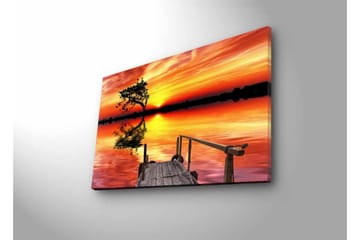 Lærredsbillede med LED-belysning - Smuk solnedgang over en spejlblank sø med en ensom træbanke - Orange / Gul / Sort - Boligtilbehør - Billeder & kunst - Billeder på lærred