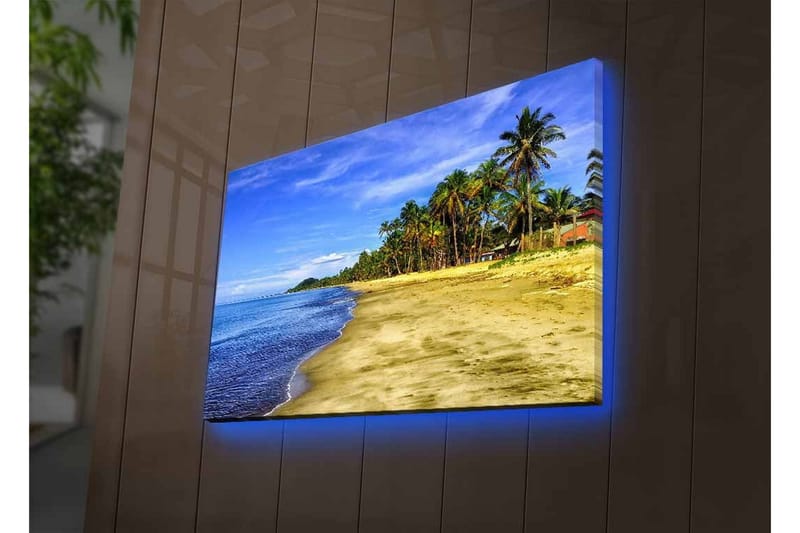 Lærredsbillede med LED-belysning - Smuk strand med palmer og klar blå himmel - Blå / Grøn / Beige - Boligtilbehør - Billeder & kunst - Billeder på lærred