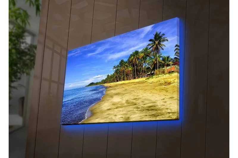 Lærredsbillede med LED-belysning - Smuk strand med palmer og klar blå himmel - Blå / Grøn / Beige - Boligtilbehør - Billeder & kunst - Billeder på lærred