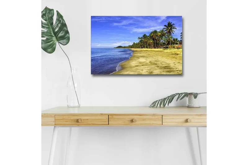 Lærredsbillede med LED-belysning - Smuk strand med palmer og klar blå himmel, Blå / Grøn / Beige