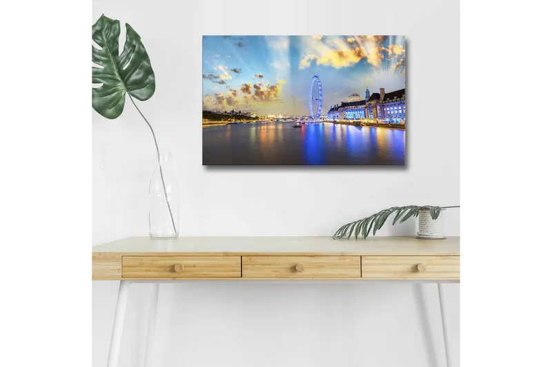 Lærredsbillede med LED-belysning - Smuk udsigt over en by ved havnefronten med et stort pariserhjul og farverige bygninger, Blå / Gul / Hvid