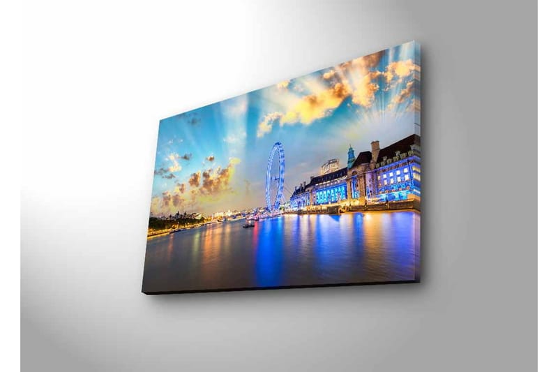 Lærredsbillede med LED-belysning - Smuk udsigt over en by ved havnefronten med et stort pariserhjul og farverige bygninger - Blå / Gul / Hvid - Boligtilbehør - Billeder & kunst - Billeder på lærred