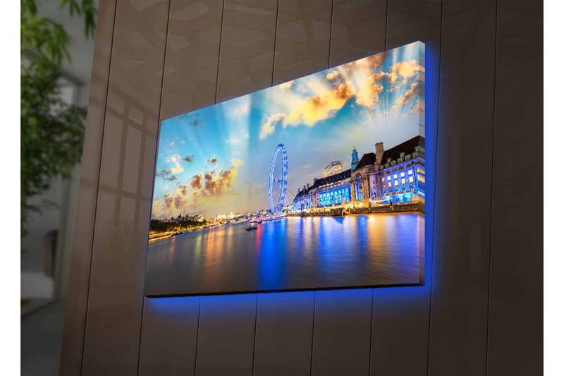 Lærredsbillede med LED-belysning - Smuk udsigt over en by ved havnefronten med et stort pariserhjul og farverige bygninger - Blå / Gul / Hvid - Boligtilbehør - Billeder & kunst - Billeder på lærred