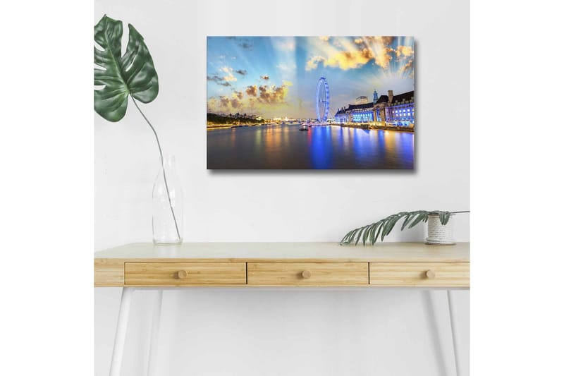 Lærredsbillede med LED-belysning - Smuk udsigt over en by ved havnefronten med et stort pariserhjul og farverige bygninger, Blå / Gul / Hvid