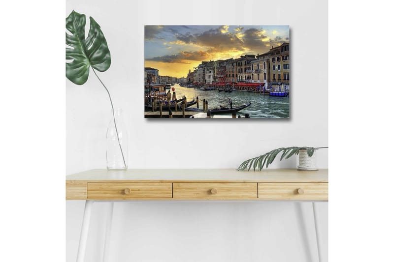Lærredsbillede med LED-belysning - Smuk udsigt over en venetiansk kanal ved solnedgang, Blå / Orange / Beige