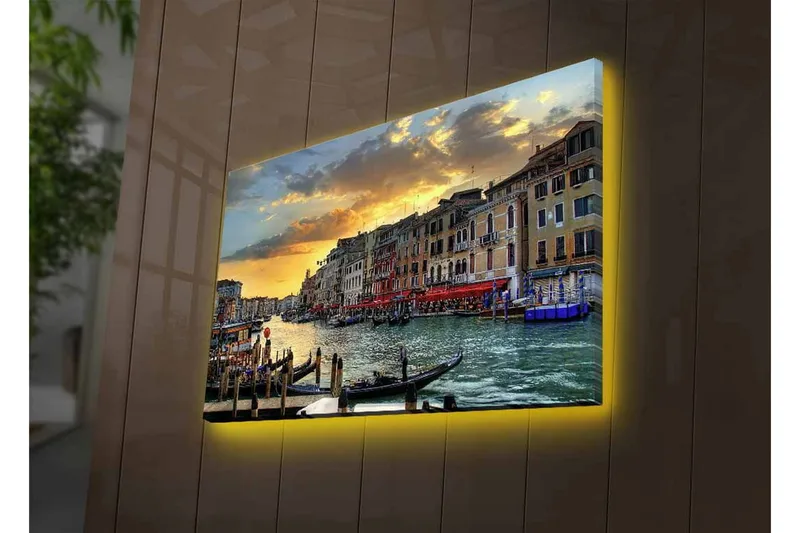Lærredsbillede med LED-belysning - Smuk udsigt over en venetiansk kanal ved solnedgang - Blå / Orange / Beige - Boligtilbehør - Billeder & kunst - Billeder på lærred