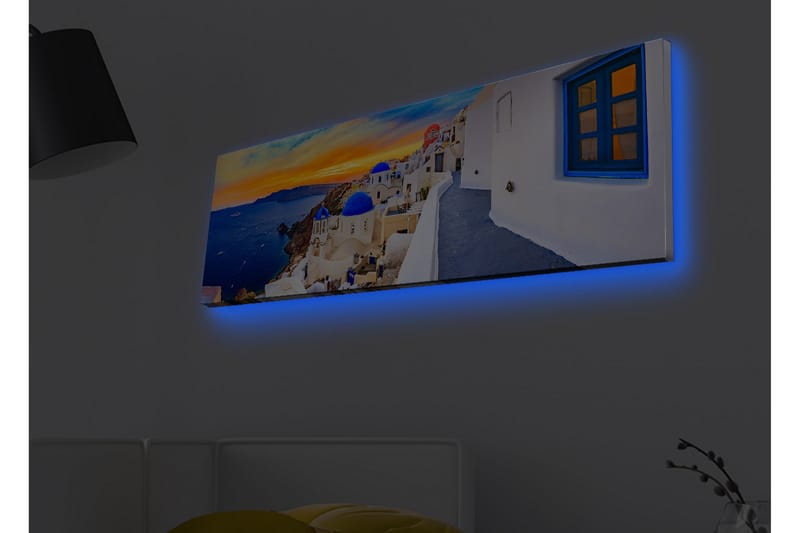 Lærredsbillede med LED-belysning - Smuk udsigt over hvide huse med blå kupler mod havet og en farverig solnedgang - Blå / Hvid / Orange - Boligtilbehør - Billeder & kunst - Billeder på lærred