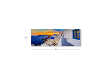 Lærredsbillede med LED-belysning - Smuk udsigt over hvide huse med blå kupler mod havet og en farverig solnedgang - Blå / Hvid / Orange - Boligtilbehør - Billeder & kunst - Billeder på lærred