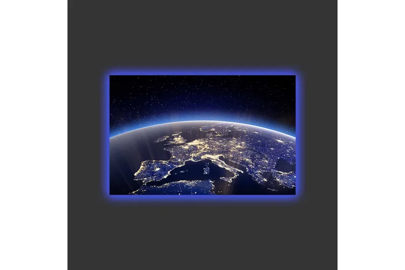 Lærredsbillede med LED-belysning - Smuk udsigt over Jorden med Europa oplyst af stjerner og bylys - Mørkeblå / Lyseblå / Hvid - Boligtilbehør - Billeder & kunst - Billeder på lærred