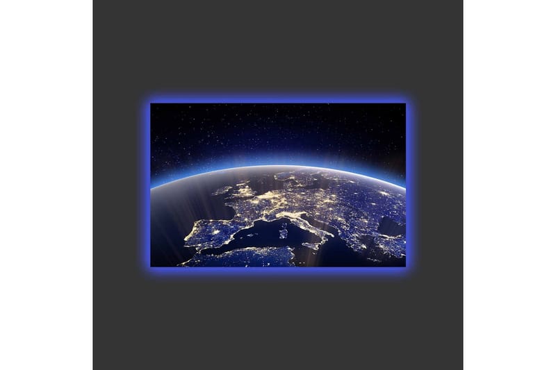 Lærredsbillede med LED-belysning - Smuk udsigt over Jorden med Europa oplyst af stjerner og bylys - Mørkeblå / Lyseblå / Hvid - Boligtilbehør - Billeder & kunst - Billeder på lærred