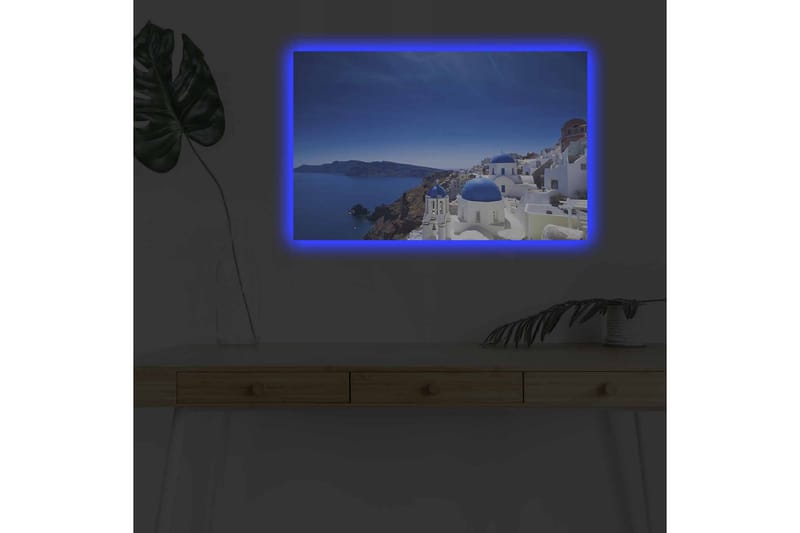 Lærredsbillede med LED-belysning - Smuk udsigt over Santorini med hvide huse og blå kupler - Blå / Hvid - Boligtilbehør - Billeder & kunst - Billeder på lærred
