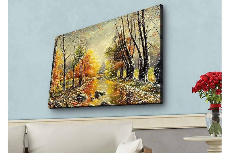 Lærredsbillede med LED-belysning - Smukt efterårslandskab med en spejlblank flod omgivet af farverige træer, Orange / Grøn / Brun