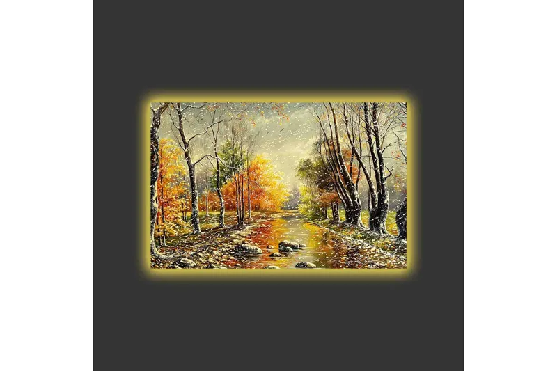 Lærredsbillede med LED-belysning - Smukt efterårslandskab med en spejlblank flod omgivet af farverige træer - Orange / Grøn / Brun - Boligtilbehør - Billeder & kunst - Billeder på lærred