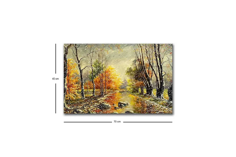 Lærredsbillede med LED-belysning - Smukt efterårslandskab med en spejlblank flod omgivet af farverige træer - Orange / Grøn / Brun - Boligtilbehør - Billeder & kunst - Billeder på lærred