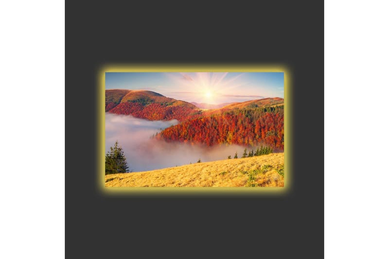 Lærredsbillede med LED-belysning - Smukt efterårslandskab med farverige træer og solopgang - Rød / Orange / Gul - Boligtilbehør - Billeder & kunst - Billeder på lærred