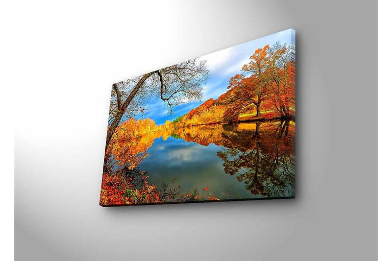 Lærredsbillede med LED-belysning - Smukt efterårslandskab med spejlblanke søer og farverige træer - Orange / Gul / Grøn - Boligtilbehør - Billeder & kunst - Billeder på lærred