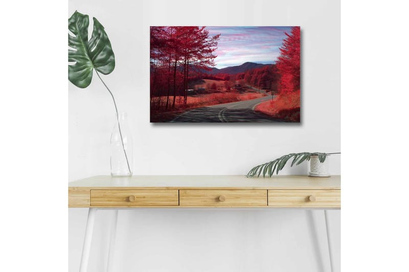Lærredsbillede med LED-belysning - Smukt landskab med røde træer og en snoet vej - Rød / Grå / Blå - Boligtilbehør - Billeder & kunst - Billeder på lærred