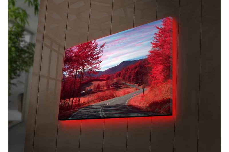 Lærredsbillede med LED-belysning - Smukt landskab med røde træer og en snoet vej - Rød / Grå / Blå - Boligtilbehør - Billeder & kunst - Billeder på lærred
