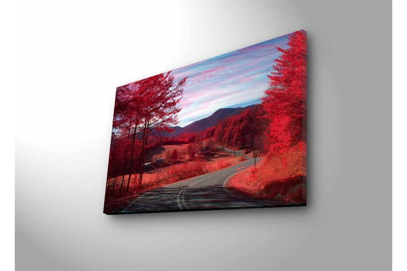 Lærredsbillede med LED-belysning - Smukt landskab med røde træer og en snoet vej - Rød / Grå / Blå - Boligtilbehør - Billeder & kunst - Billeder på lærred