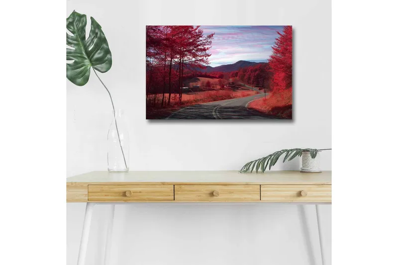 Lærredsbillede med LED-belysning - Smukt landskab med røde træer og en snoet vej, Rød / Grå / Blå