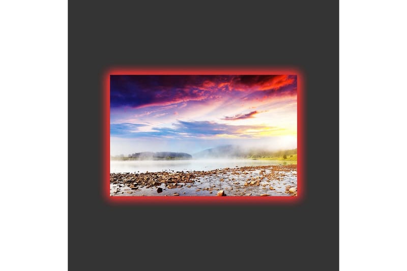 Lærredsbillede med LED-belysning - Smukt landskab med solopgang over en tåget sø - Lilla / Orange / Blå - Boligtilbehør - Billeder & kunst - Billeder på lærred