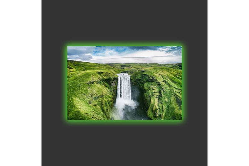 Lærredsbillede med LED-belysning - Smukt vandfald i en frodig dal - Grøn / Hvid / Blå - Boligtilbehør - Billeder & kunst - Billeder på lærred