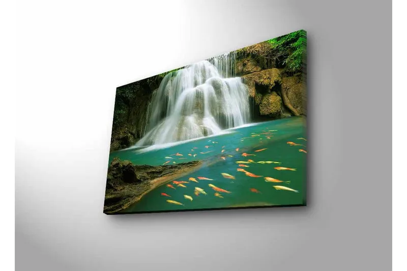 Lærredsbillede med LED-belysning - Smukt vandfald med svømmende karper i klart vand - Turkis / Grøn / Orange - Boligtilbehør - Billeder & kunst - Billeder på lærred