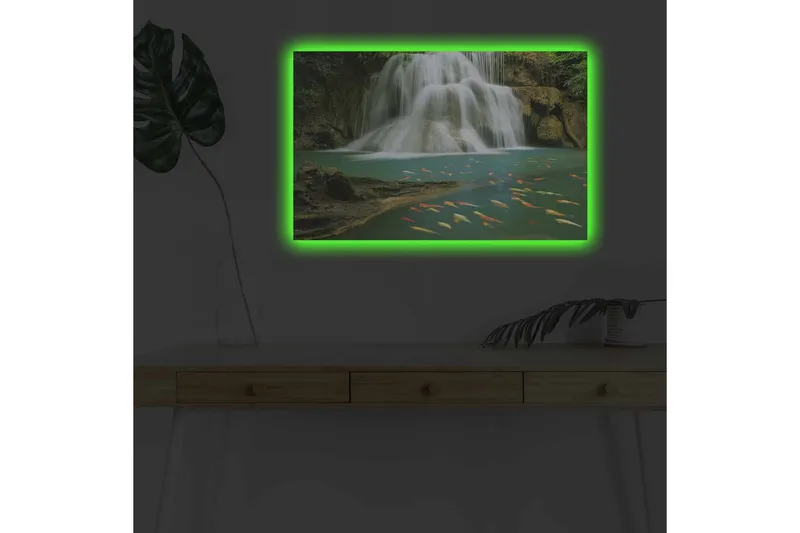 Lærredsbillede med LED-belysning - Smukt vandfald med svømmende karper i klart vand - Turkis / Grøn / Orange - Boligtilbehør - Billeder & kunst - Billeder på lærred