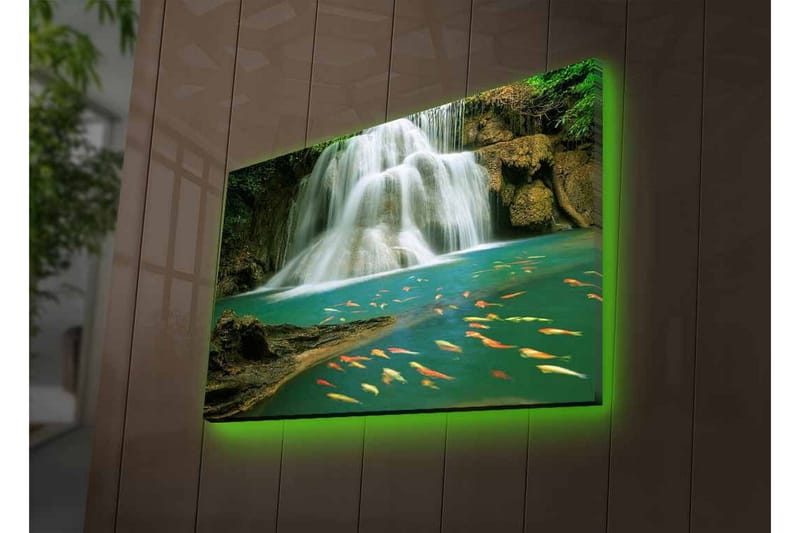 Lærredsbillede med LED-belysning - Smukt vandfald med svømmende karper i klart vand - Turkis / Grøn / Orange - Boligtilbehør - Billeder & kunst - Billeder på lærred