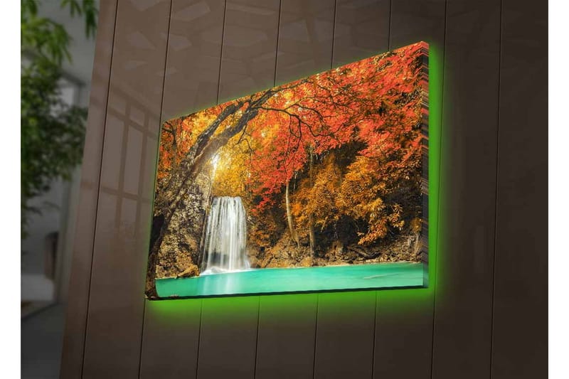 Lærredsbillede med LED-belysning - Smukt vandfald omgivet af efterårsfarvede træer - Orange / Grøn / Brun - Boligtilbehør - Billeder & kunst - Billeder på lærred