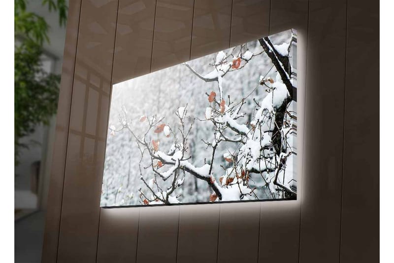 Lærredsbillede med LED-belysning - Snedækkede grene med brune blade - Hvid / Brun / Grå - Boligtilbehør - Billeder & kunst - Billeder på lærred