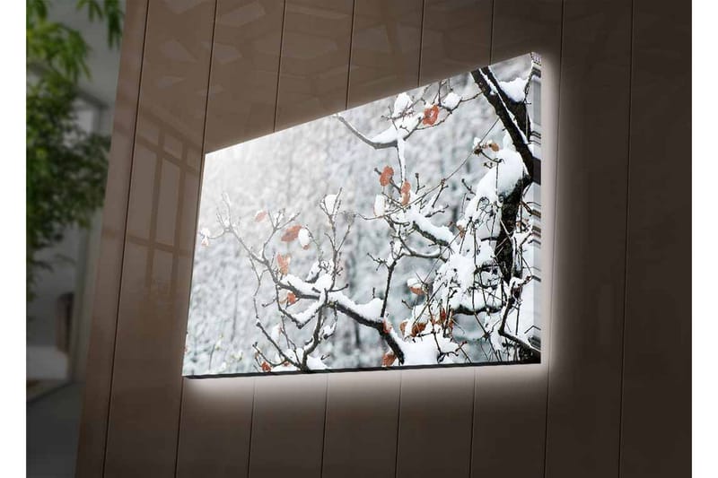 Lærredsbillede med LED-belysning - Snedækkede grene med brune blade - Hvid / Brun / Grå - Boligtilbehør - Billeder & kunst - Billeder på lærred