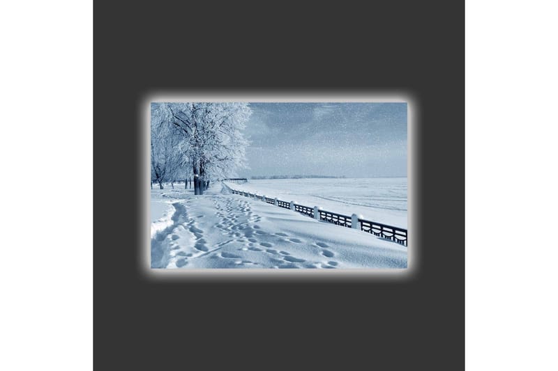 Lærredsbillede med LED-belysning - Snedækket landskab med spor i sneen og træer langs en vej - Hvid / Lyseblå / Grå - Boligtilbehør - Billeder & kunst - Billeder på lærred