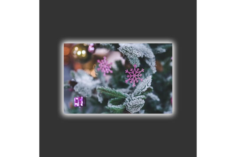 Lærredsbillede med LED-belysning - Snefnug på et grønt grantræ med julepynt - Grøn / Hvid / Lyserød - Boligtilbehør - Billeder & kunst - Billeder på lærred
