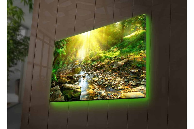Lærredsbillede med LED-belysning - Solbelyst skov med en rislende bæk - Grøn / Gul / Brun - Boligtilbehør - Billeder & kunst - Billeder på lærred