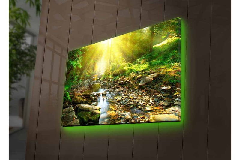 Lærredsbillede med LED-belysning - Solbelyst skov med en rislende bæk - Grøn / Gul / Brun - Boligtilbehør - Billeder & kunst - Billeder på lærred