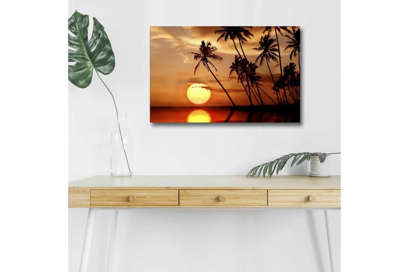 Lærredsbillede med LED-belysning - Solnedgang med palmer i horisonten, Orange / Sort / Guld